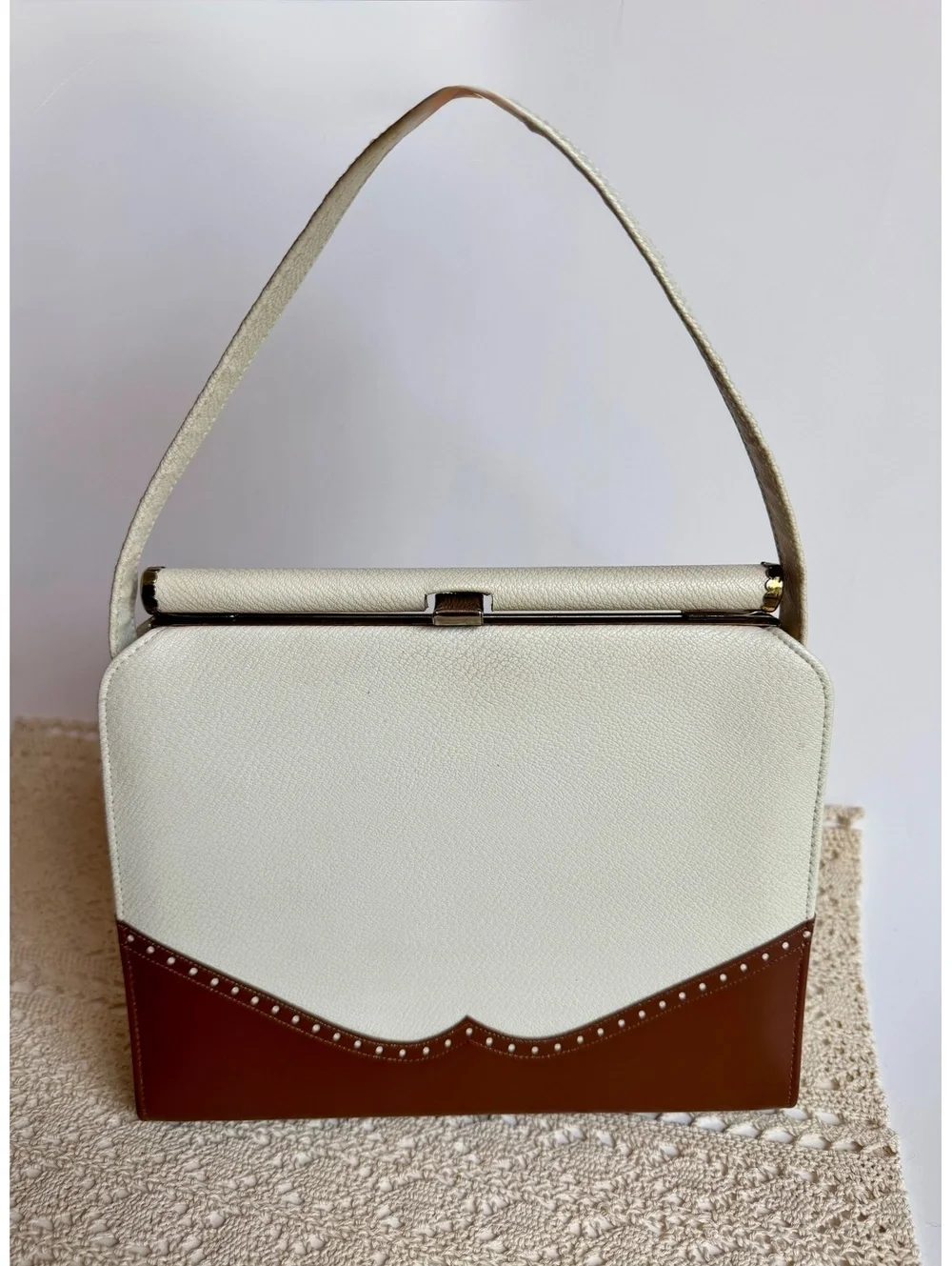 Vintage 1950s 60s Naturalizer Handbag Cream Brown Two Tone Frame Purse